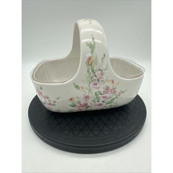 Teleflora Porcelain Basket Planter With Handle Pink Floral Design Plastic Liner - Picture 3 of 9